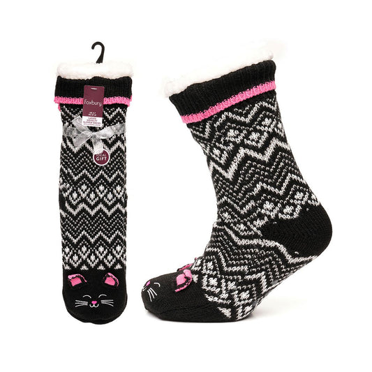 Fleece lined knitted cat slipper socks with grippers