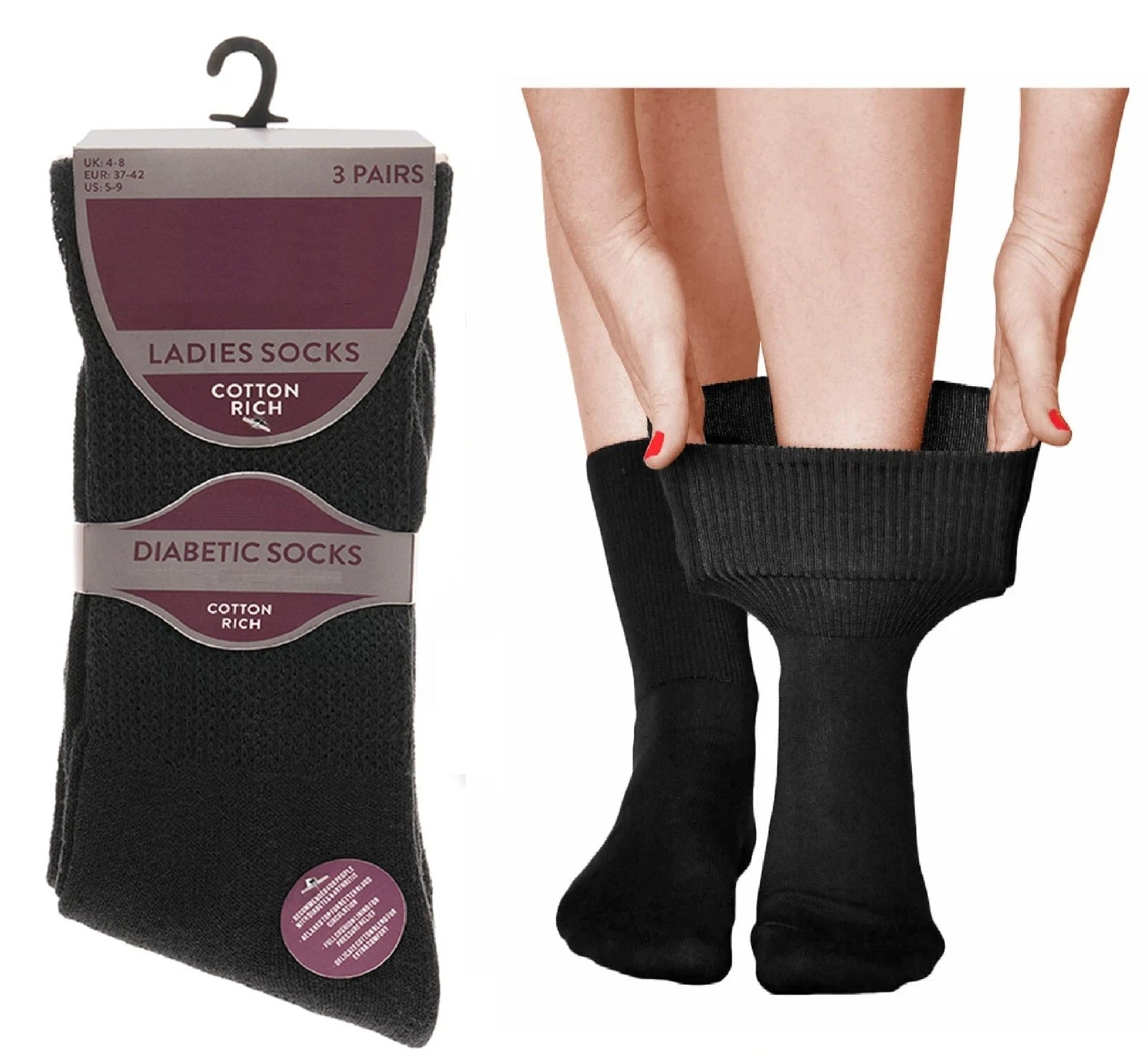 3 pair pack, black, ladies&#39; stretch cotton-rich socks